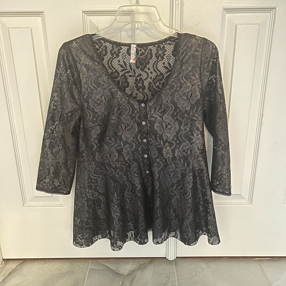 New free people black lace top iridescence blouse size small peplum style